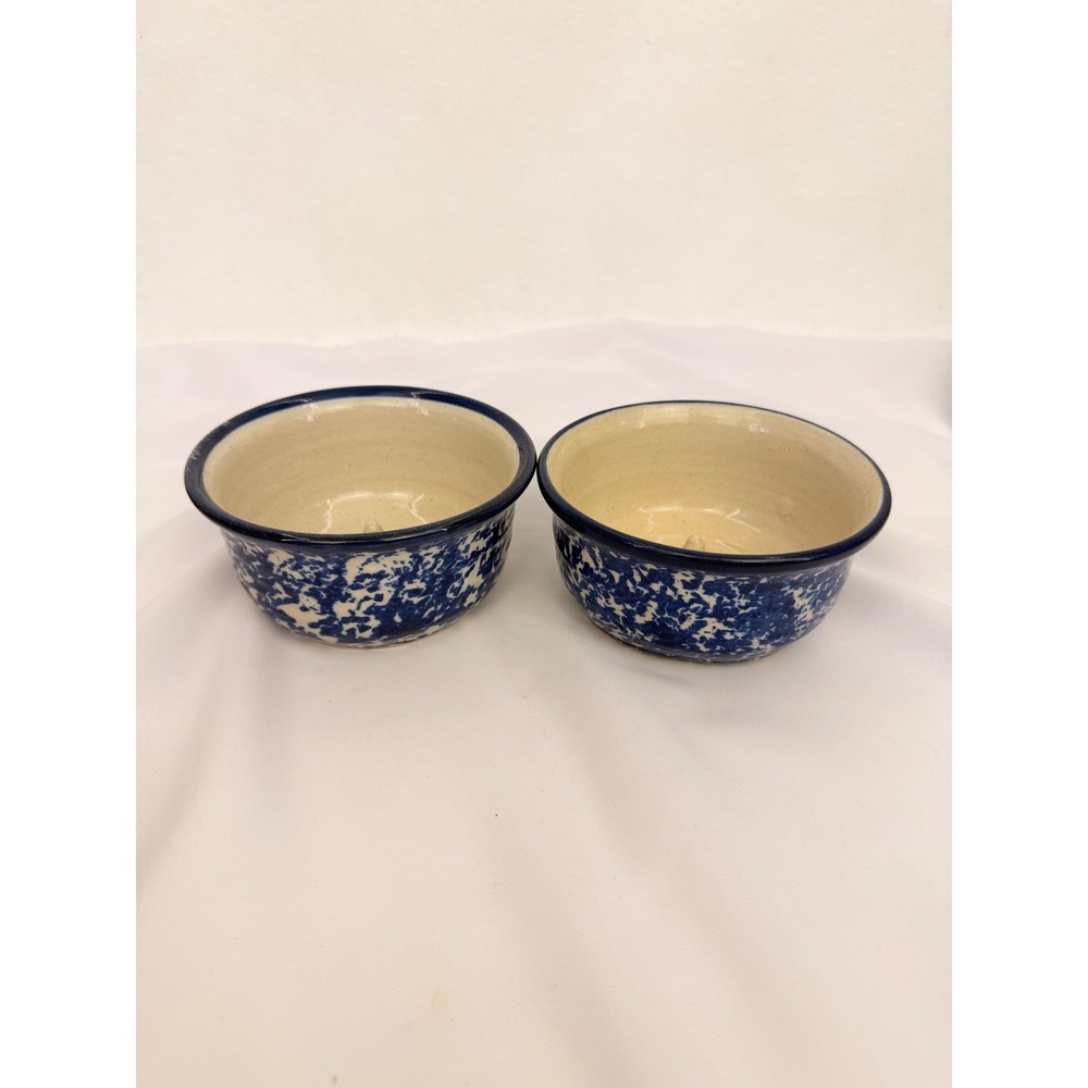 Set of 2 Blue White Spongeware Ceramic Apple Bakers Signed Studio Pottery